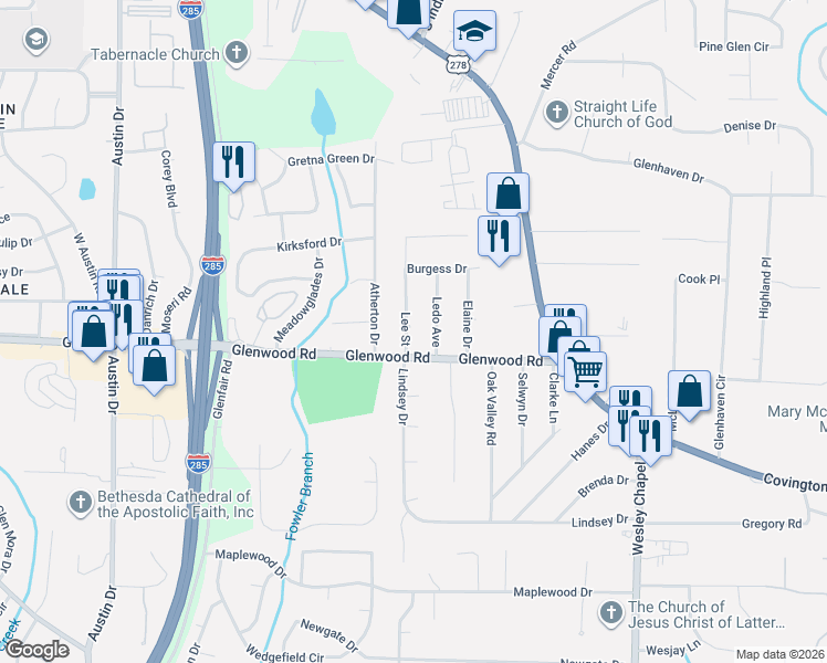 map of restaurants, bars, coffee shops, grocery stores, and more near 1807 Ledo Avenue in Decatur