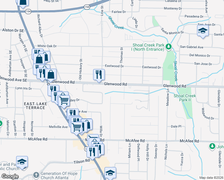 map of restaurants, bars, coffee shops, grocery stores, and more near 3403 Glenwood Road in Decatur