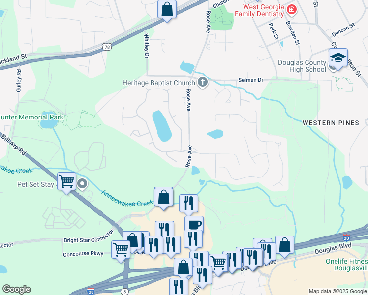 map of restaurants, bars, coffee shops, grocery stores, and more near 7108 Roselake Circle in Douglasville