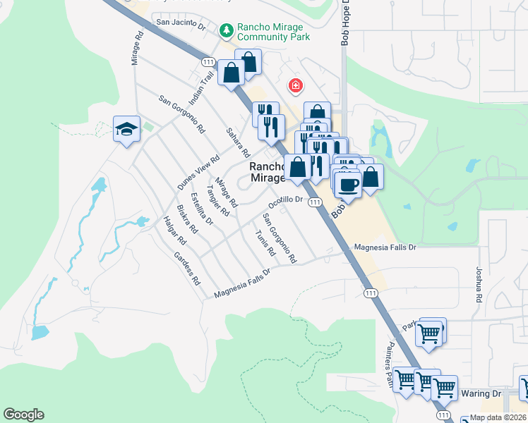 map of restaurants, bars, coffee shops, grocery stores, and more near Ocotillo Drive & San Gorgonio Road in Rancho Mirage