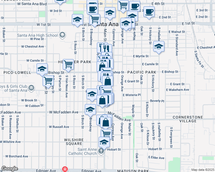 map of restaurants, bars, coffee shops, grocery stores, and more near 815 South Main Street in Santa Ana