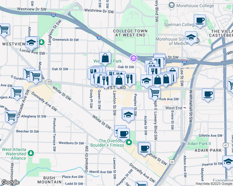map of restaurants, bars, coffee shops, grocery stores, and more near 636 Lawton Street Southwest in Atlanta
