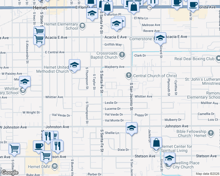 map of restaurants, bars, coffee shops, grocery stores, and more near 618 South Santa Fe Street in Hemet