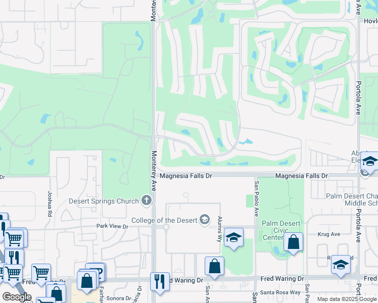 map of restaurants, bars, coffee shops, grocery stores, and more near 173 Gran Via in Palm Desert