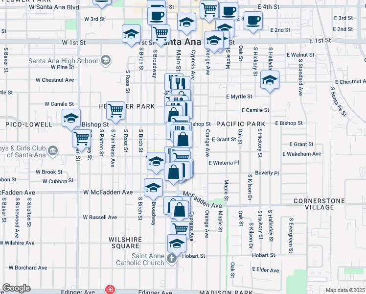 map of restaurants, bars, coffee shops, grocery stores, and more near 815 South Main Street in Santa Ana