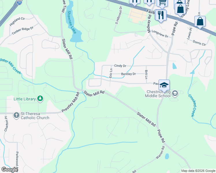 map of restaurants, bars, coffee shops, grocery stores, and more near 2501 Eric Lane in Douglasville