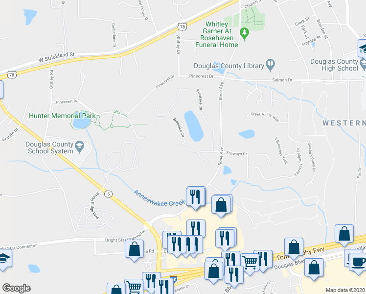 map of restaurants, bars, coffee shops, grocery stores, and more near 8909 Brandy Rose in Douglasville