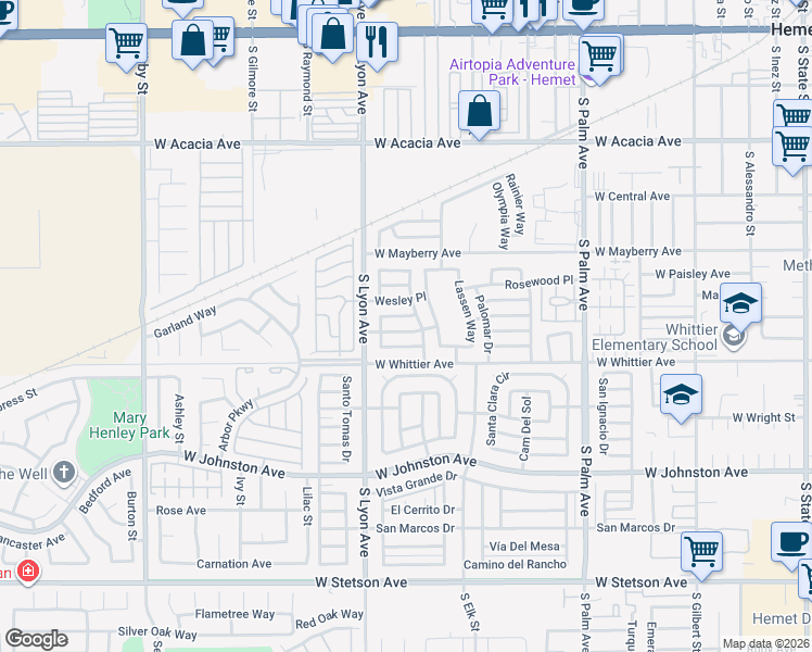 map of restaurants, bars, coffee shops, grocery stores, and more near 1560 Sandlewood Drive in Hemet