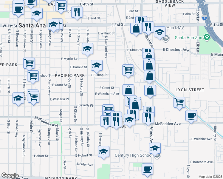 map of restaurants, bars, coffee shops, grocery stores, and more near 910 East Grant Street in Santa Ana
