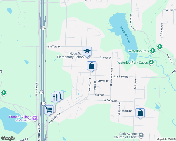 map of restaurants, bars, coffee shops, grocery stores, and more near 2706 Shawn Drive in Denison