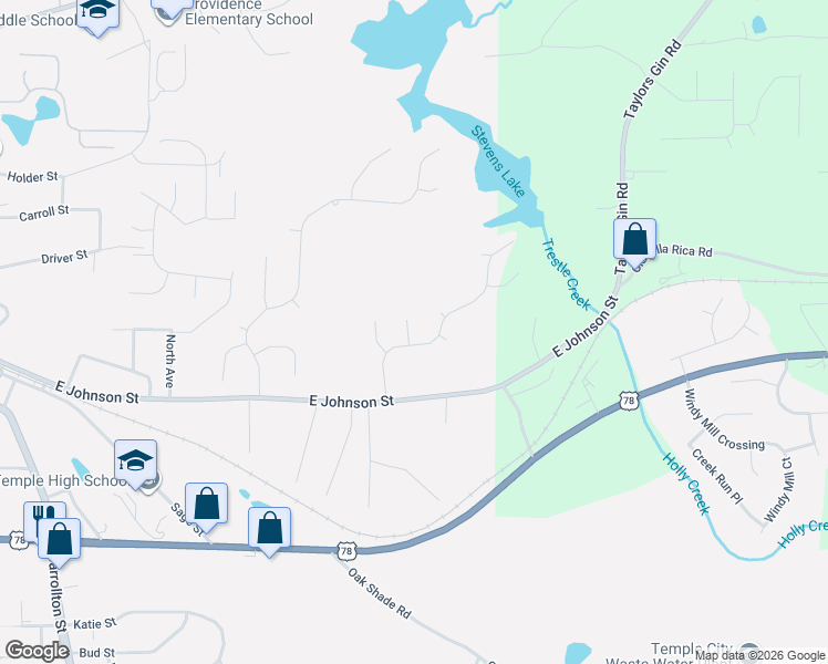map of restaurants, bars, coffee shops, grocery stores, and more near 512 Rippling Court in Temple