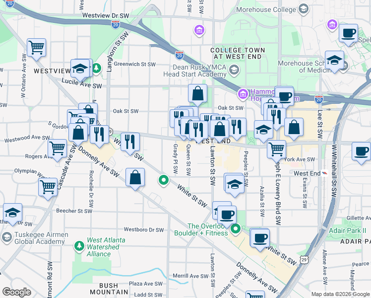 map of restaurants, bars, coffee shops, grocery stores, and more near 635 Queen Street Southwest in Atlanta