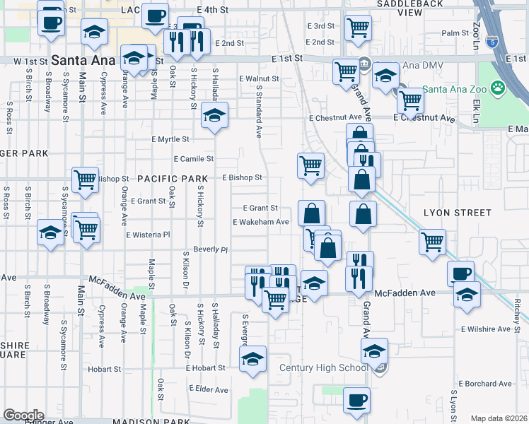 map of restaurants, bars, coffee shops, grocery stores, and more near 910 East Grant Street in Santa Ana