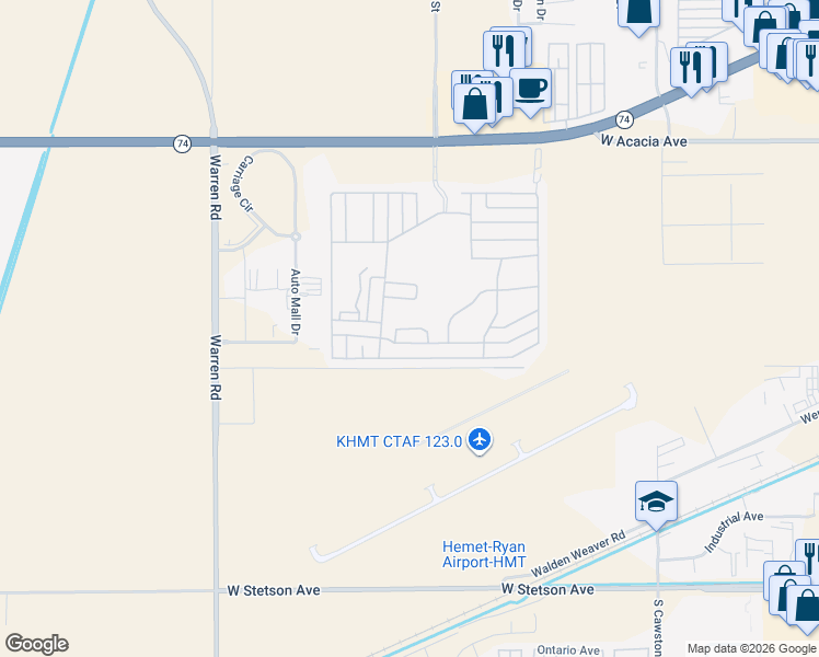 map of restaurants, bars, coffee shops, grocery stores, and more near Spyglass Road in Hemet