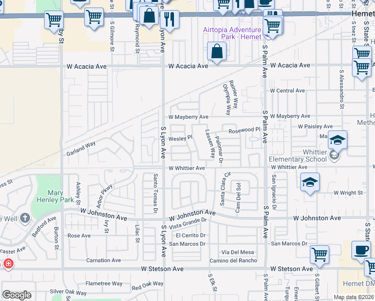 map of restaurants, bars, coffee shops, grocery stores, and more near 1520 Sandlewood Drive in Hemet