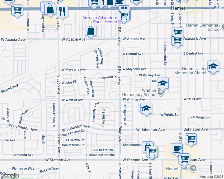 map of restaurants, bars, coffee shops, grocery stores, and more near 1020 Willow Drive in Hemet
