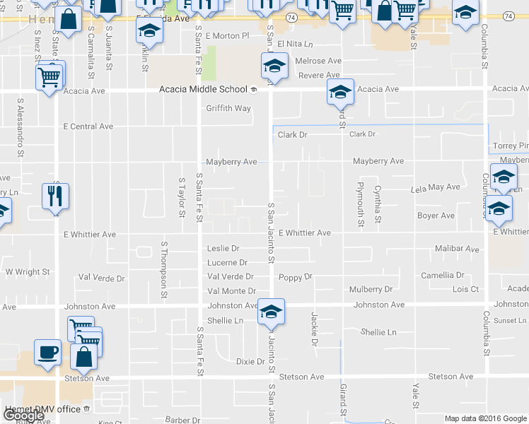map of restaurants, bars, coffee shops, grocery stores, and more near 1195 Olive Tree Lane in Hemet