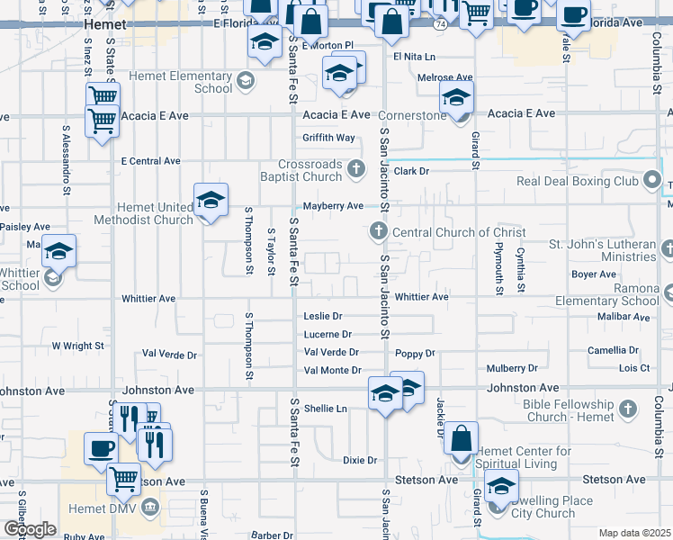 map of restaurants, bars, coffee shops, grocery stores, and more near 628 South Santa Fe Street in Hemet