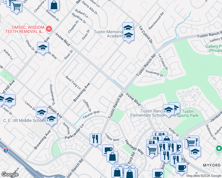 map of restaurants, bars, coffee shops, grocery stores, and more near 13061 Solinda in Tustin