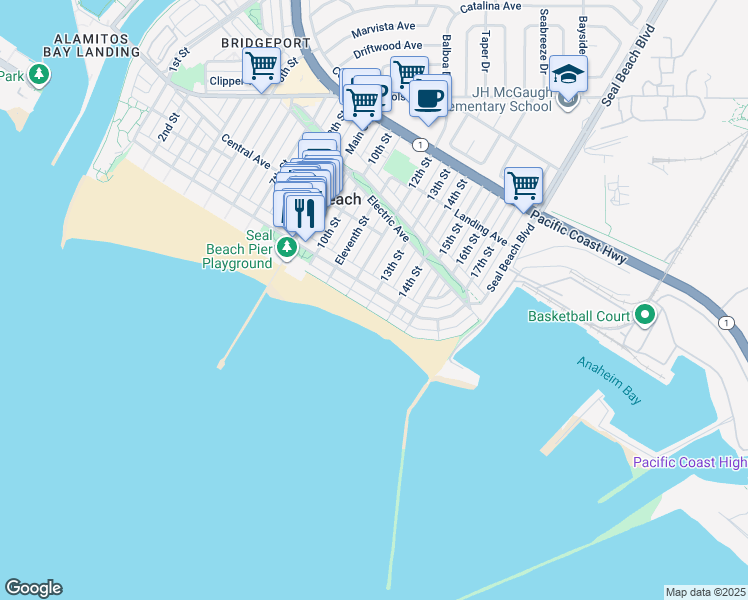 map of restaurants, bars, coffee shops, grocery stores, and more near 10 13th Street in Seal Beach