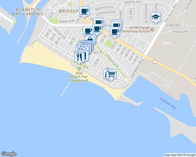 map of restaurants, bars, coffee shops, grocery stores, and more near 10 13th Street in Seal Beach