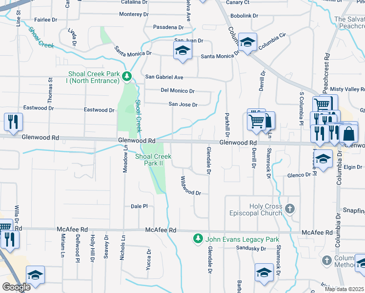 map of restaurants, bars, coffee shops, grocery stores, and more near 3723 Glenwood Road in Decatur