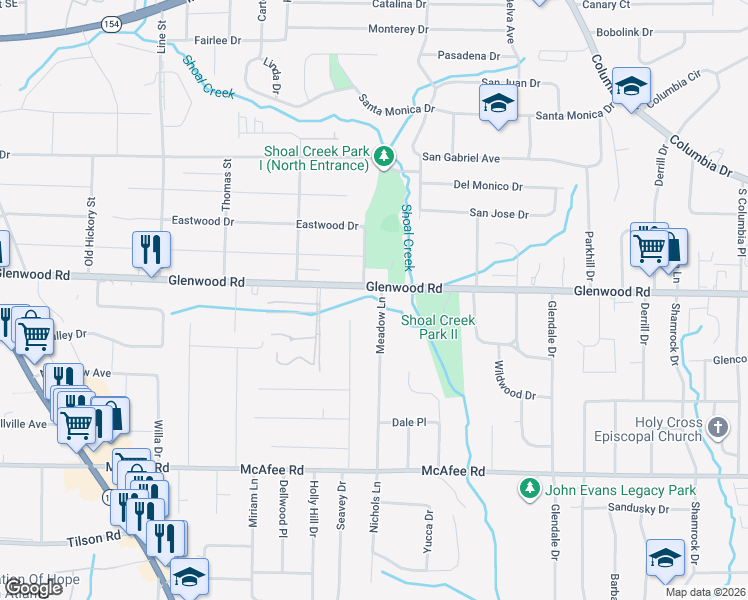 map of restaurants, bars, coffee shops, grocery stores, and more near 3591 Glenwood Road in Decatur