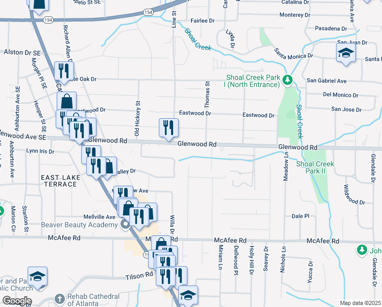 map of restaurants, bars, coffee shops, grocery stores, and more near 3403 Glenwood Road in Decatur