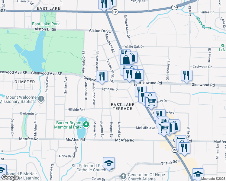 map of restaurants, bars, coffee shops, grocery stores, and more near 2426 Lynn Iris Drive in Decatur
