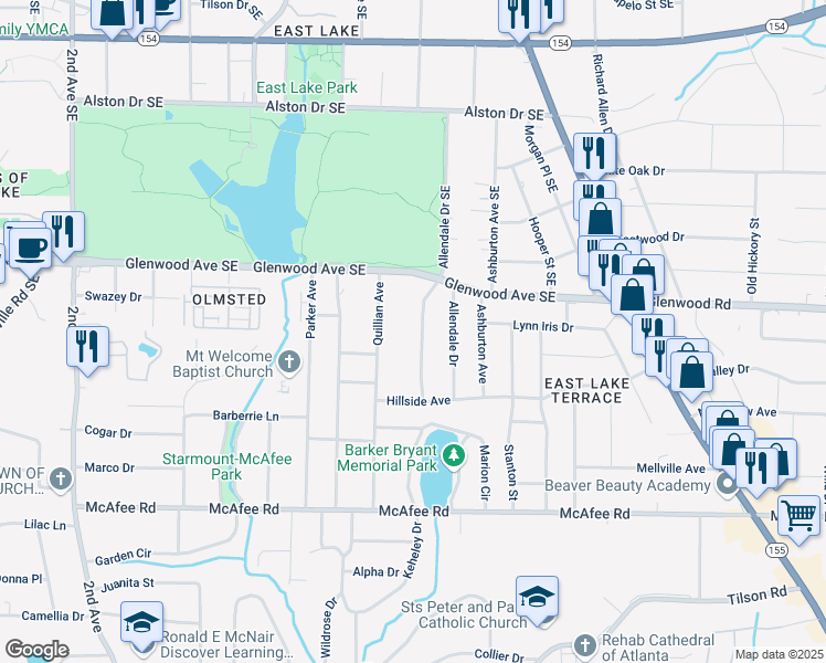 map of restaurants, bars, coffee shops, grocery stores, and more near 525 Rosemont Drive in Decatur