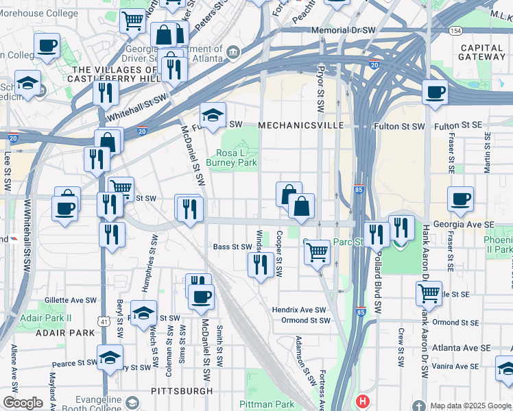 map of restaurants, bars, coffee shops, grocery stores, and more near 629 Windsor Street Southwest in Atlanta