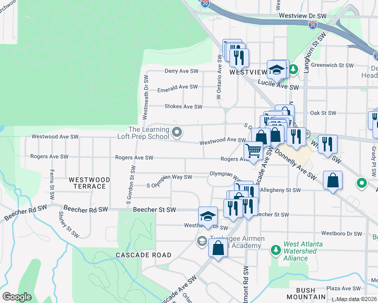 map of restaurants, bars, coffee shops, grocery stores, and more near 1670 Westwood Avenue Southwest in Atlanta