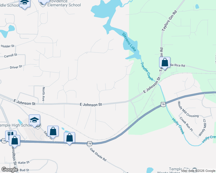 map of restaurants, bars, coffee shops, grocery stores, and more near 512 Rippling Court in Temple