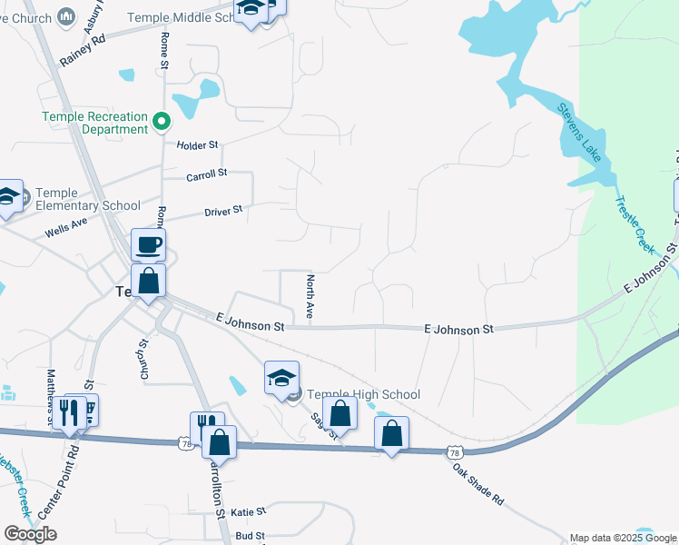 map of restaurants, bars, coffee shops, grocery stores, and more near 103 Deer Crossing in Temple