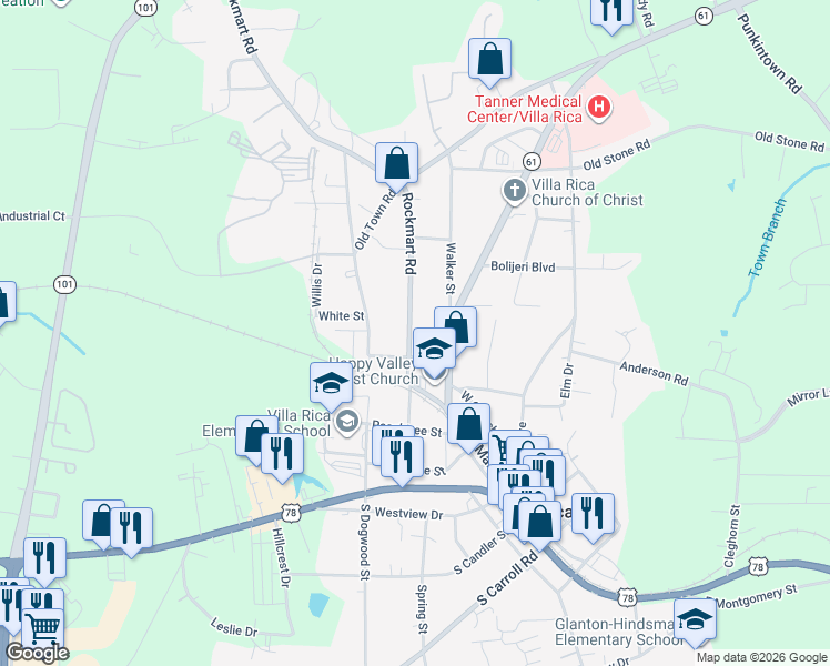 map of restaurants, bars, coffee shops, grocery stores, and more near 211 Rockmart Road in Villa Rica