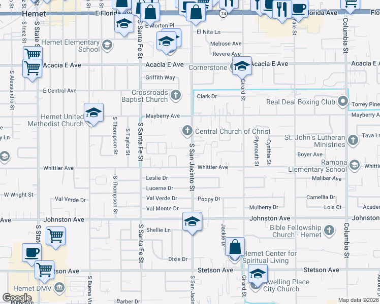 map of restaurants, bars, coffee shops, grocery stores, and more near 1287 Olive Tree Lane in Hemet