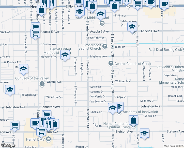 map of restaurants, bars, coffee shops, grocery stores, and more near 612 South Santa Fe Street in Hemet