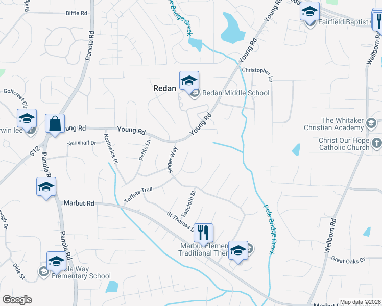 map of restaurants, bars, coffee shops, grocery stores, and more near 1806 Taffeta Trail in Lithonia