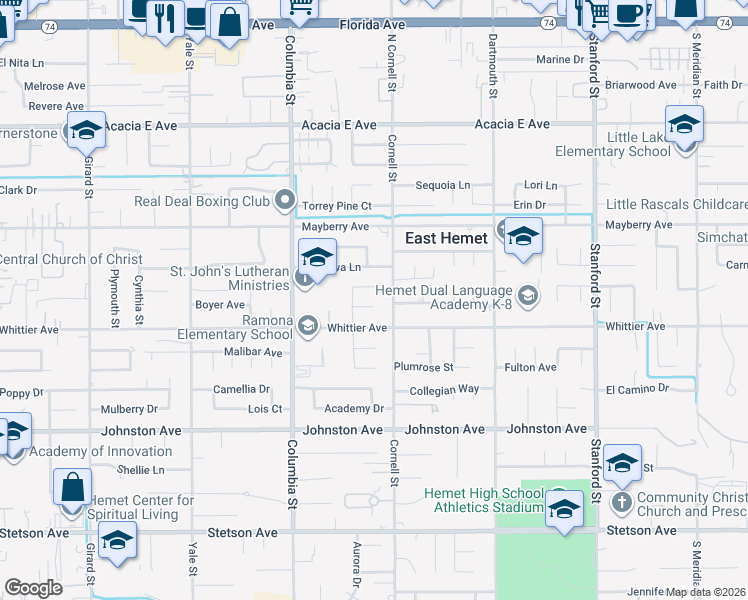 map of restaurants, bars, coffee shops, grocery stores, and more near 41210 Jamaica Lane in Hemet