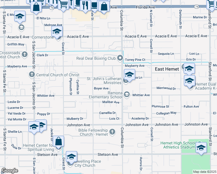 map of restaurants, bars, coffee shops, grocery stores, and more near in Hemet