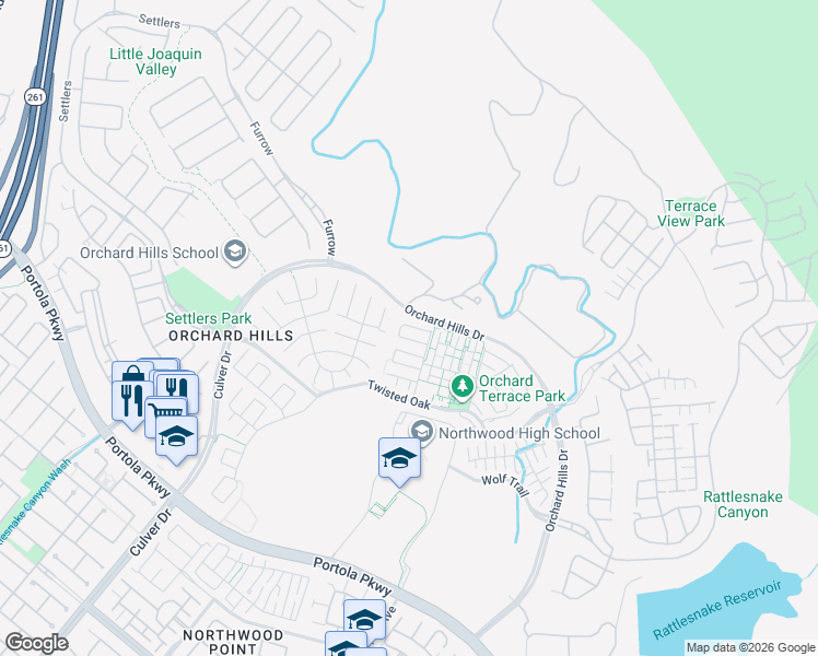 map of restaurants, bars, coffee shops, grocery stores, and more near 94 Thoroughbred in Irvine