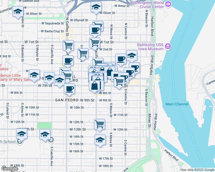 map of restaurants, bars, coffee shops, grocery stores, and more near 407 West 7th Street in San Pedro