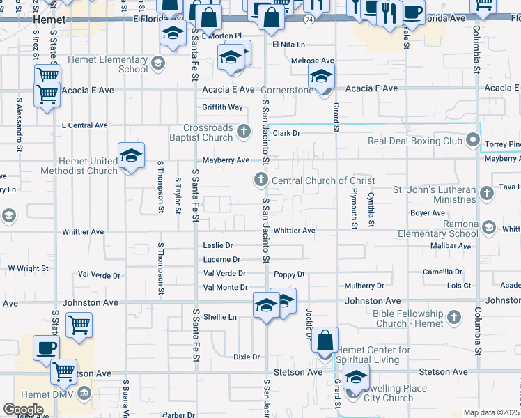 map of restaurants, bars, coffee shops, grocery stores, and more near 1265 Olive Tree Lane in Hemet