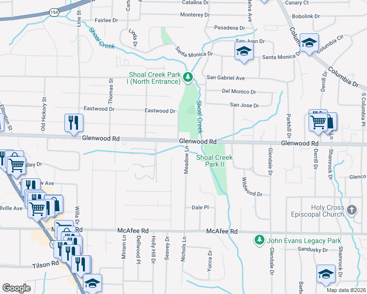 map of restaurants, bars, coffee shops, grocery stores, and more near 3591 Glenwood Road in Decatur