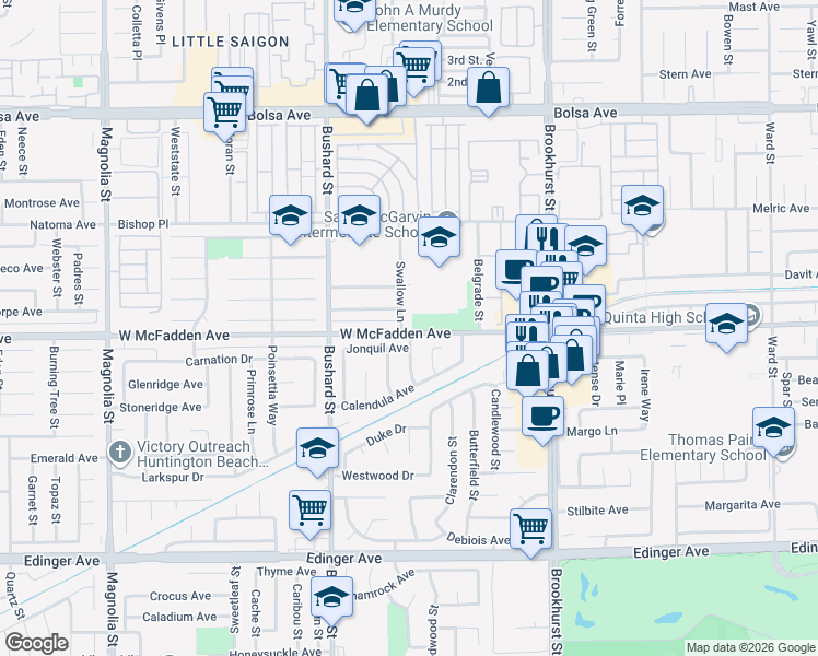 map of restaurants, bars, coffee shops, grocery stores, and more near 15480 Swallow Lane in Westminster