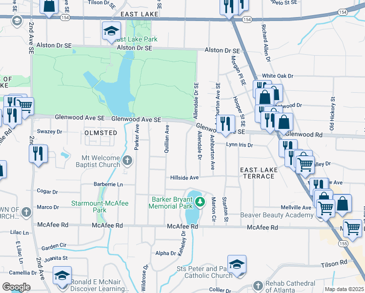 map of restaurants, bars, coffee shops, grocery stores, and more near 525 Rosemont Drive in Decatur