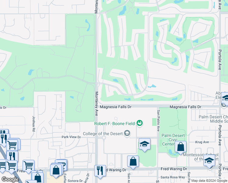 map of restaurants, bars, coffee shops, grocery stores, and more near 173 Gran Via in Palm Desert