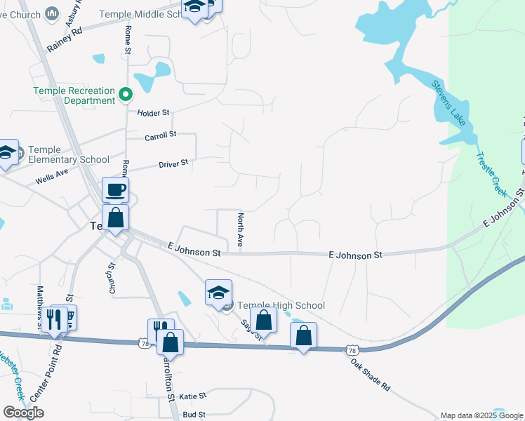map of restaurants, bars, coffee shops, grocery stores, and more near 103 Deer Crossing in Temple