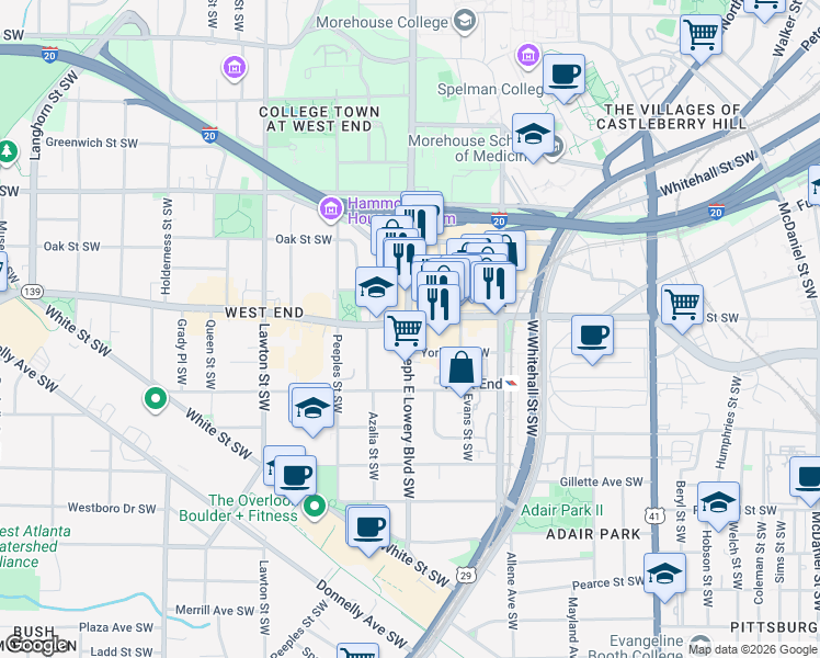 map of restaurants, bars, coffee shops, grocery stores, and more near 888 Ralph David Abernathy Boulevard in Atlanta