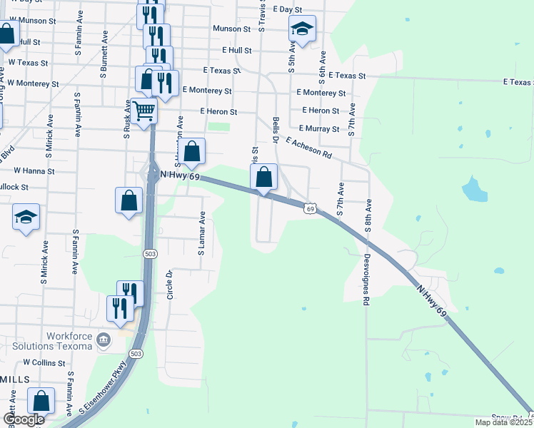 map of restaurants, bars, coffee shops, grocery stores, and more near 1714 South Travis Avenue in Denison